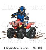 Man in Safety Gear, Riding a Red Quad Through Mud