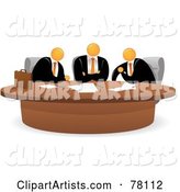Meeting of Three Orange Faceless Businessmen Sitting at a Table