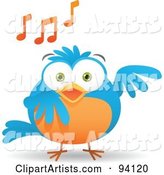 Musical Blue and Orange Bird Singing, with Music Notes