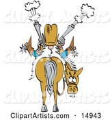 Nervous Buck Toothed Horse Looking Back at a Crazy Cowboy That Is Sitting on His Back and Shooting Two Pistils