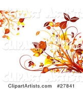 Orange and Yellow Autumn Leaves and Plants in the Upper Left and Lower Right Corners of a White Background