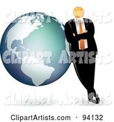 Orange Faceless Businessman Leaning on a Globe