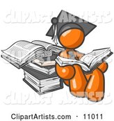 Orange Male Student in a Graduation Cap, Reading a Book and Leaning Against a Stack of Books