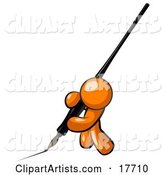 Orange Man Drawing a Line with a Large Black Calligraphy Ink Pen
