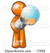 Orange Man Holding a Glass Electric Lightbulb, Symbolizing Utilities or Ideas