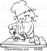 Outlined Chef Toon Guy Slicing Onions and Crying