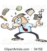Overwhelmed Caucasian Businessman Juggling a Pencil, Cell Phone, Apple, Notepad and Calculator, Trying to Handle All of His Responsibilities