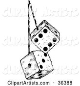 Pair of Fluffy Dice on a String, Hanging from a Rear View Mirror in a Car