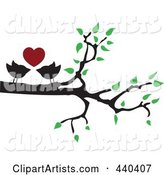 Pair of Love Birds Under a Red Heart in a Tree