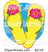 Pair of Yellow Flip Flops with Tropical Hibiscus Flowers over a Blue Circle