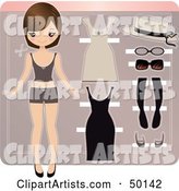 Paper Doll in Underwear, with Beige and Black Accessories and Dresses
