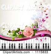 Piano Keyboard and Rose Background with Music Notes 3