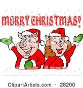 Pig Couple in Santa Suits, Holding Their Arms up Under a Merry Christmas Greeting