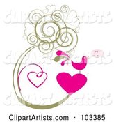Pink Singing Bird on a Heart, with Grungy Heart Vines