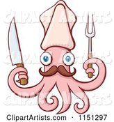 Pink Squid Chef with a Knife and Barbecue Fork