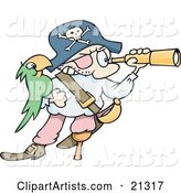 Pirate Man in a Jolly Roger Hat, Peering Through a Telescope, His Green Parrot on His Arm