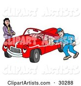 Pleasant Auto Mechanic Man Smiling While Shining a Classic Red Convertible Car for a Lady
