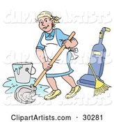 Pleasant Caucasian Housewife, Maid, House Keeper, Custodian or Janitor Woman Mopping a Floor near a Broom and Vacuum