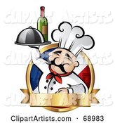 Pleasant Chef Holding Wine and a Platter on a French Logo with a Gold Banner