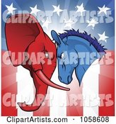 Political Donkey and Elephant Facing off over an American Flag