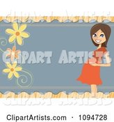 Pregnant Brunette Woman Holding Her Baby Bump Bridal Shower Border with Flowers and Copyspace