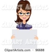 Pretty Brunette Receptionist in a Purple Blouse and Glasses, Holding a Blank Sign