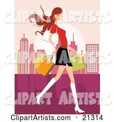 Pretty Caucasian Woman in a Mini Skirt and Boots, Carrying a Purse and Shopping Bags While Touring a City