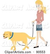 Pretty Caucasian Woman Walking Her Golden Retriever Dog on a Leash
