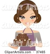 Pretty Female Cake Baker Presenting a Beautiful Chocolate Cake on a Platter
