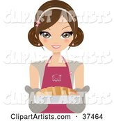 Pretty Female Chef Holding out Fresh French Bread in a Dish