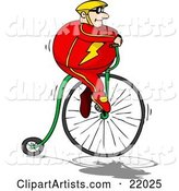 Pudgy Caucasian Man in a Red Suit and Yellow Helmet, Riding High up on a Penny Farthing Bicycle