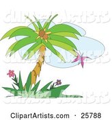 Purple Butterfly Fluttering near a Coconut Palm Tree and Flowers