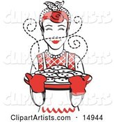 Red Haired Housewife Wearing an Apron and Oven Gloves, Smelling Fresh, Hot Chocolate Chip Cookies Right out of the Oven