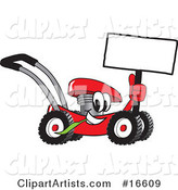 Red Lawn Mower Mascot Cartoon Character Holding up a Blank Sign While Passing by