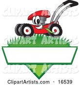 Red Lawn Mower Mascot Cartoon Character Mowing Grass over a Blank White Label