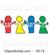 Red, Yellow, Blue and Green Paper Dolls or Children Holding Hands