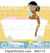 Relaxed Black Woman Taking a Luxurious Bubble Bath in a Claw Foot Tub