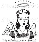 Retro Black and White Angel Woman with Wings and a Halo