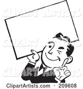 Retro Black and White Businessman Winking and Holding a Blank Sign