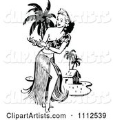 Retro Black and White Hawaiian Hula Dancer near a Beach Hut