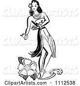 Retro Black and White Hawaiian Hula Girl Dancer and a Hibiscus Flower