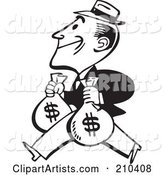 Retro Black and White Man Carrying Two Money Bags
