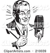 Retro Black and White Man Speaking into a Microphone