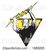 Retro Electrician Holding up a Bolt on a Yellow Triangle