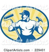 Retro Handyman Holding a Paint Roller and Hammer Logo