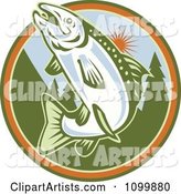Retro Jumping Trout Fish Against a Tree and Sun Circle