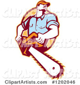 Retro Logger Using a Chain Saw, Emerging from an Orange Oval