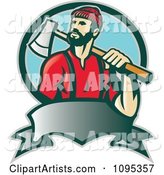 Retro Lumberjack Logger Carrying an Axe over His Shoulder over a Banner and Blue Circle