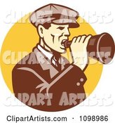 Retro Man Shouting into a Bullhorn over a Yellow Circle