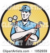 Retro Plumber over Yellow Rays Logo